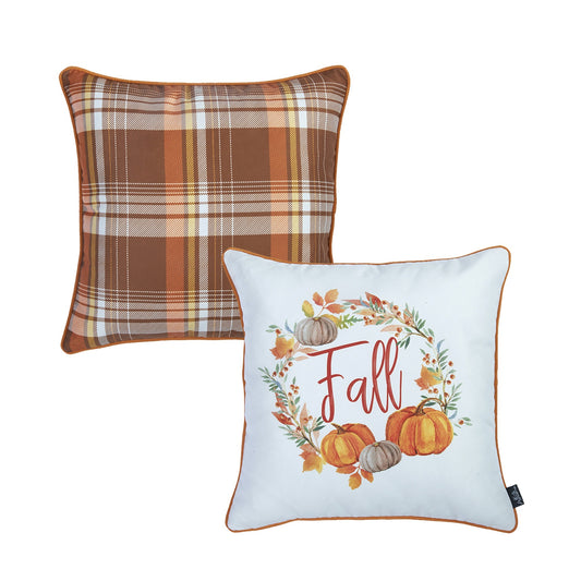 Decorative Fall Thanksgiving Throw Pillow Cover Set of 2 Plaid & Pumpkins 18" x 18" Yellow & Orange Square for Couch, Bedding