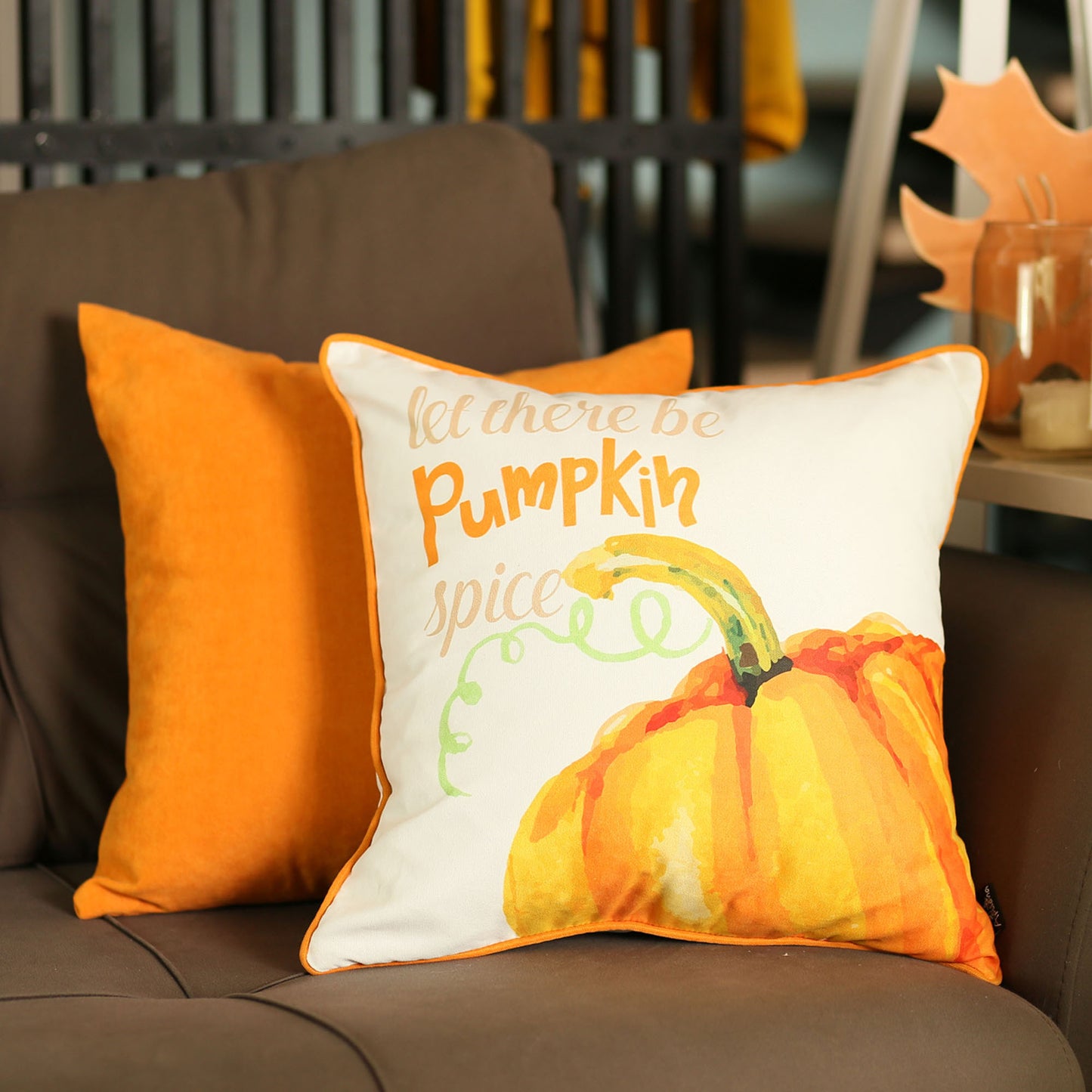 Decorative Fall Thanksgiving Throw Pillow Cover Set of 2 Pumpkin & Solid Orange 18" x 18" Square for Couch, Bedding