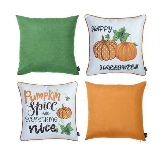 Decorative Fall Thanksgiving Throw Pillow Cover Set of 4 Halloween Quote & Pumpkins 18" x 18" Orange & Green Square for Couch, Bedding