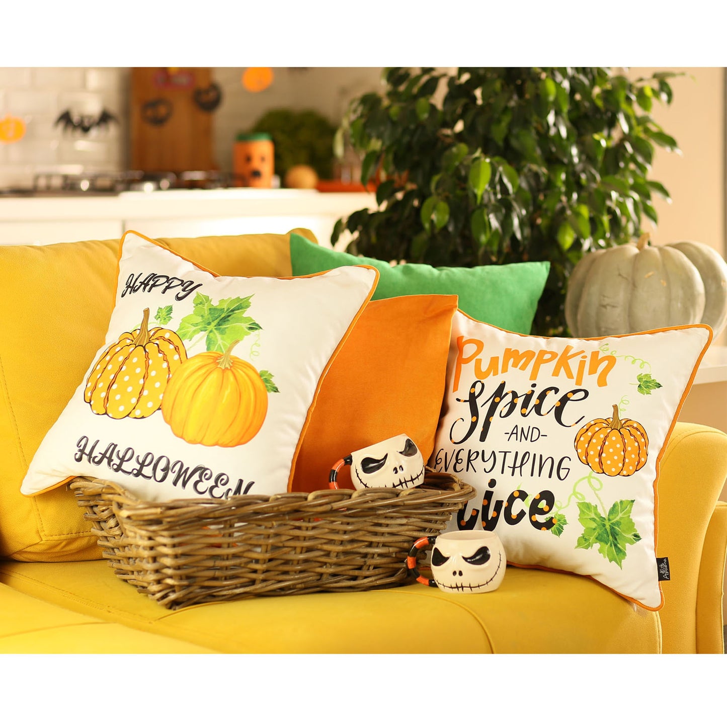 Decorative Fall Thanksgiving Throw Pillow Cover Set of 4 Halloween Quote & Pumpkins 18" x 18" Orange & Green Square for Couch, Bedding