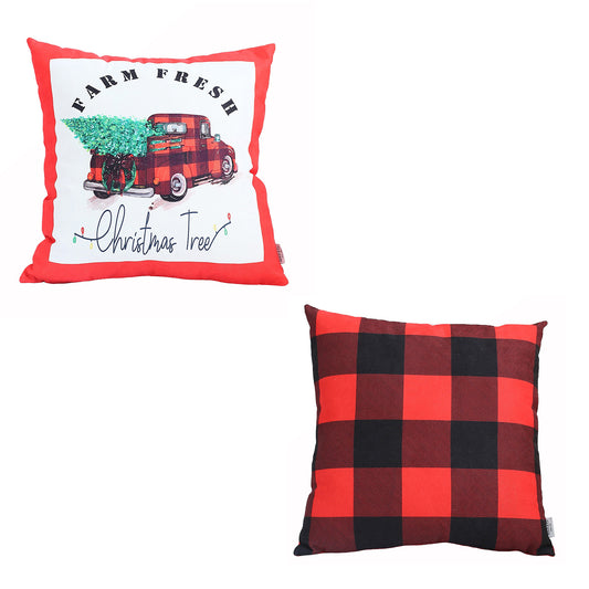 Decorative Christmas Plaid & Truck Throw Pillow Cover Set of 2 Square 18" x 18" Red for Couch, Bedding