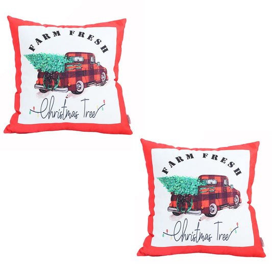 Decorative Christmas Truck Throw Pillow Cover Set of 2 Square 18" x 18" Red & White for Couch, Bedding