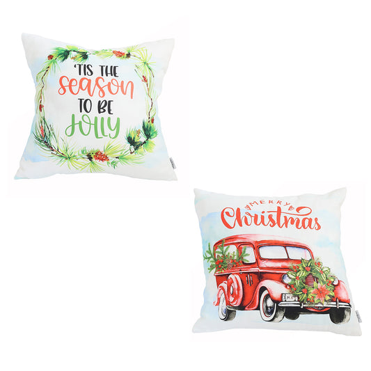 Decorative Christmas Car & Quote Throw Pillow Cover Set of 2 Square 18" x 18" White & Red for Couch, Bedding