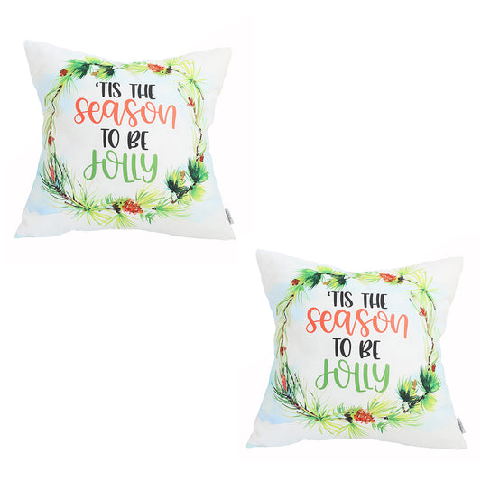 Decorative Christmas Themed Throw Pillow Cover Set of 2 Square 18" x 18" White & Green for Couch, Bedding