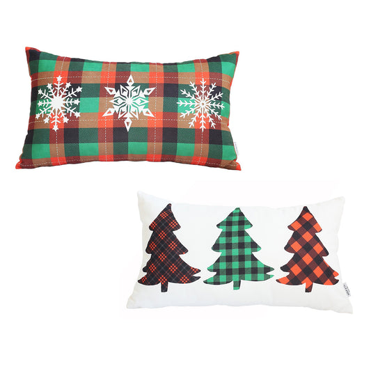 Decorative Christmas Tree & Plaid Throw Pillow Cover Set of 2 Lumbar 12" x 20" White & Red for Couch, Bedding