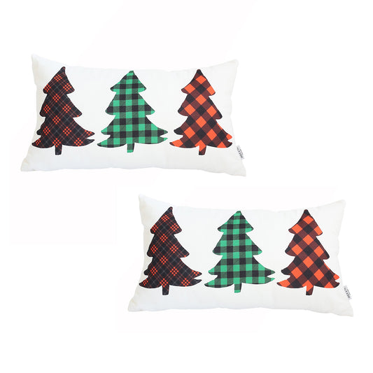 Decorative Christmas Tree Throw Pillow Cover Set of 2 Lumbar 12" x 20" White & Red for Couch, Bedding