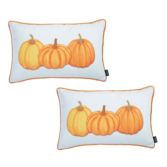 Decorative Fall Thanksgiving Throw Pillow Cover Set of 2 Pumpkins 12" x 20" White & Orange Lumbar for Couch, Bedding