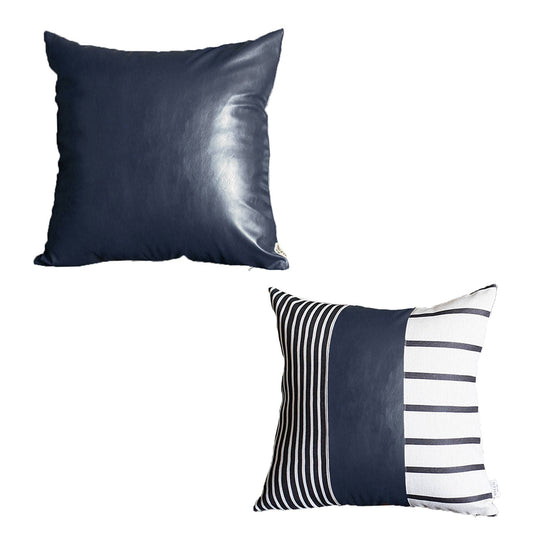 Bohemian Mixed Set of 2 Vegan Faux Leather Navy Blue Geometric Throw Pillow Cover for Couch, Bedding