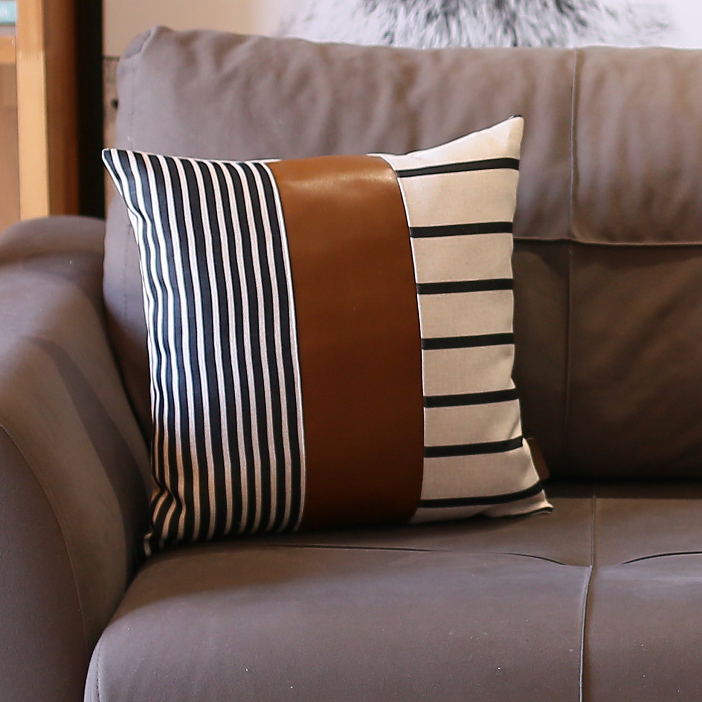 Bohemian Mixed Set of 2 Vegan Faux Leather Brown Geometric Throw Pillow Cover for Couch, Bedding