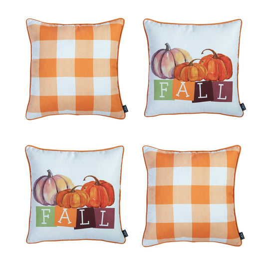 Decorative Fall Thanksgiving Throw Pillow Cover Set of 4 Plaid & Pumpkins 18" x 18" Yellow & Orange Square for Couch, Bedding