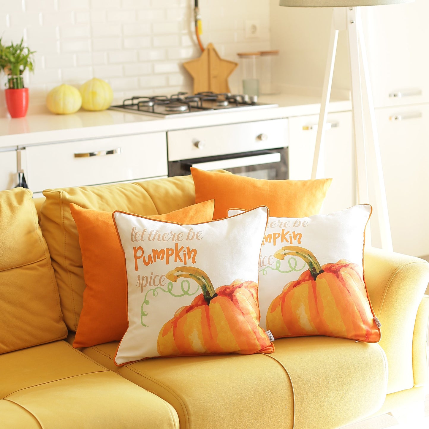 Decorative Fall Thanksgiving Throw Pillow Cover Set of 4 Pumpkin & Solid Orange 18" x 18" Square for Couch, Bedding