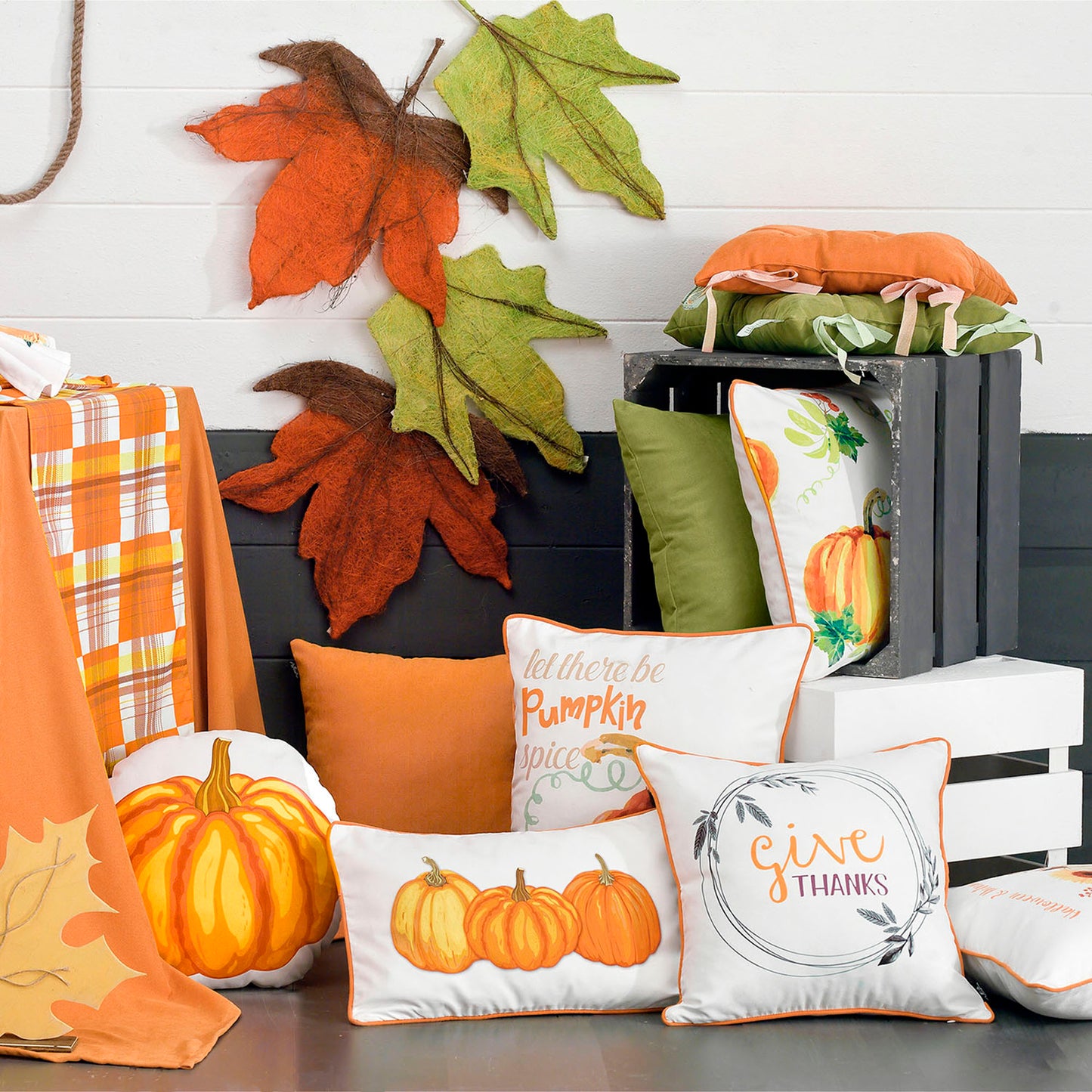Decorative Fall Thanksgiving Throw Pillow Cover Set of 4 Pumpkin & Solid Orange 18" x 18" Square for Couch, Bedding