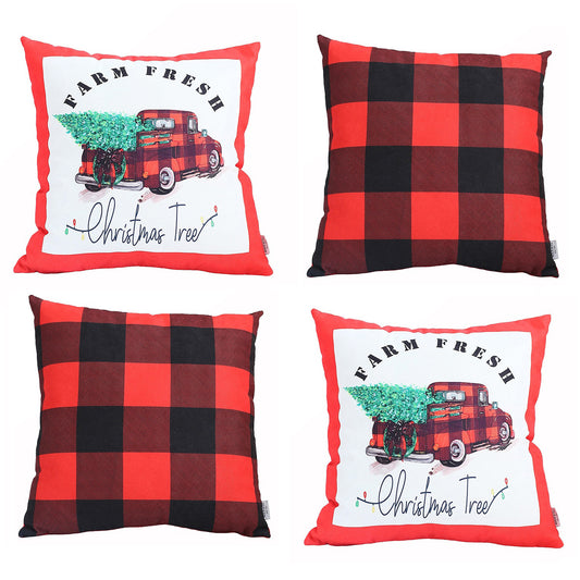Decorative Christmas Plaid & Truck Throw Pillow Cover Set of 4 Square 18" x 18" Red for Couch, Bedding
