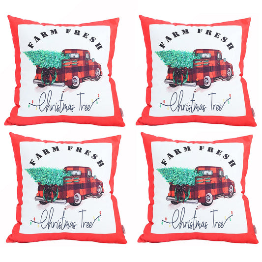 Decorative Christmas Truck Throw Pillow Cover Set of 4 Square 18" x 18" Red & White for Couch, Bedding