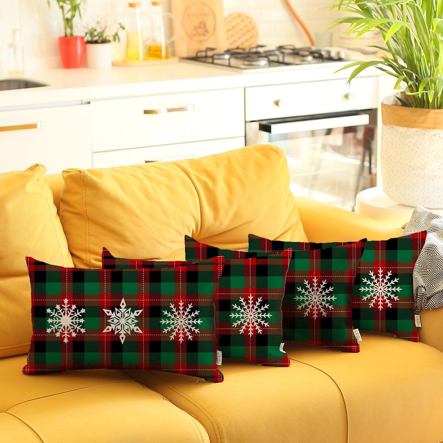 Decorative Christmas Snowflakes Throw Pillow Cover Set of 4 Square 12" x 20" Red & Green Lumbar for Couch, Bedding