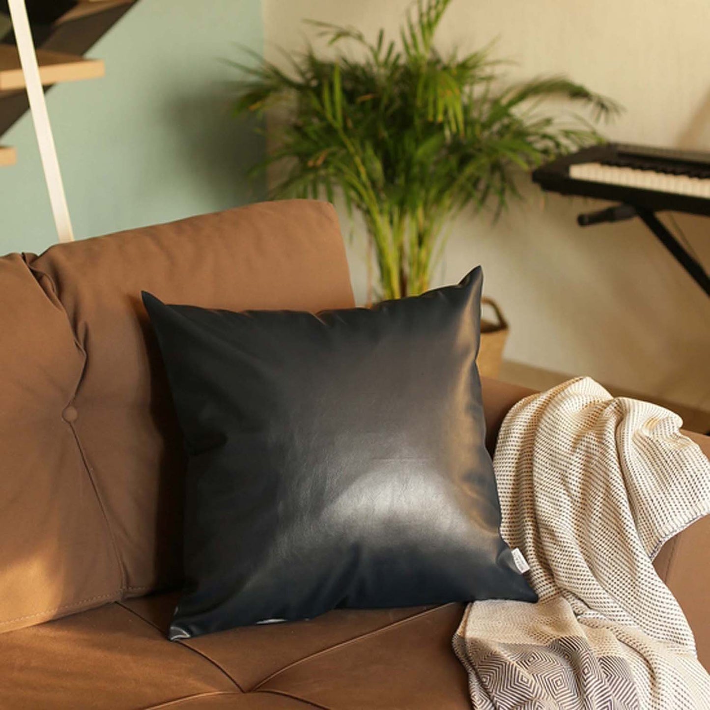 Bohemian Mixed Set of 4 Vegan Faux Leather Navy Blue Geometric Throw Pillow Cover for Couch, Bedding
