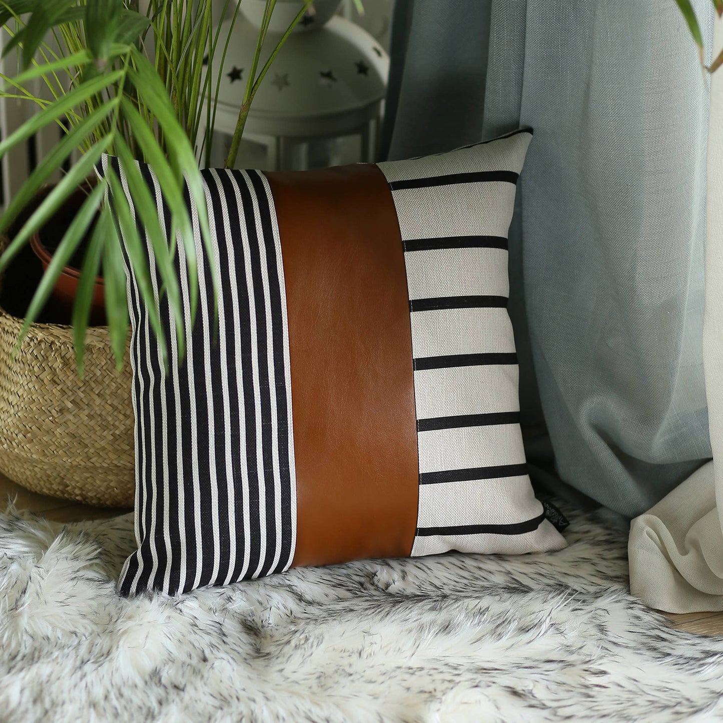 Bohemian Mixed Set of 4 Vegan Faux Leather Brown Geometric Throw Pillow Cover for Couch, Bedding