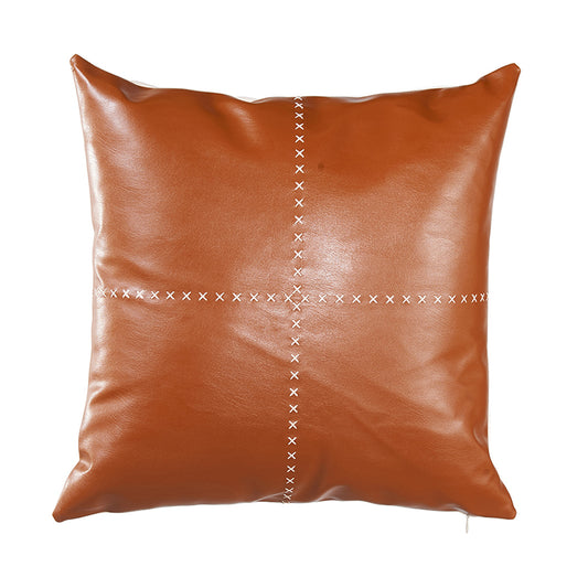 Country Embroidered Boho Throw Pillow Cover 18" x 18" Vegan Faux Leather Solid Brown & Beige Square for Couch, Bedding