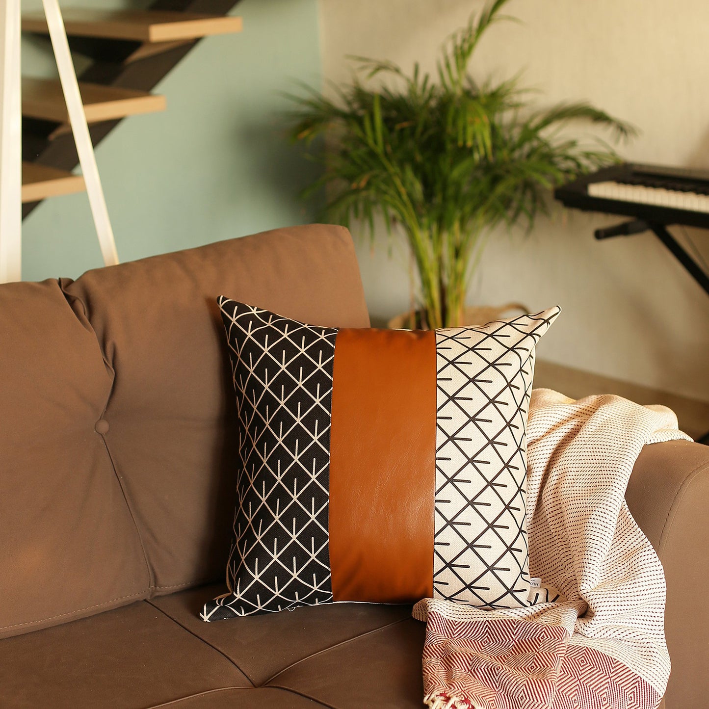 Boho Throw Pillow 17" x 17" Brown Mixed Design Set of 2 Vegan Faux Leather Geometric for Couch, Bedding
