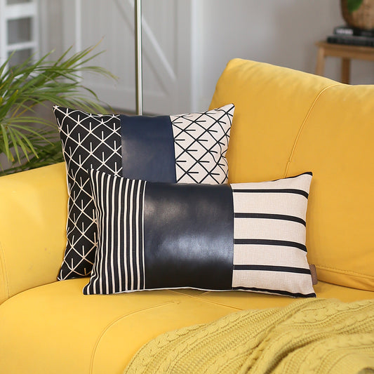 Boho Throw Pillow Navy Blue Mixed Design Set of 2 Vegan Faux Leather Geometric for Couch, Bedding