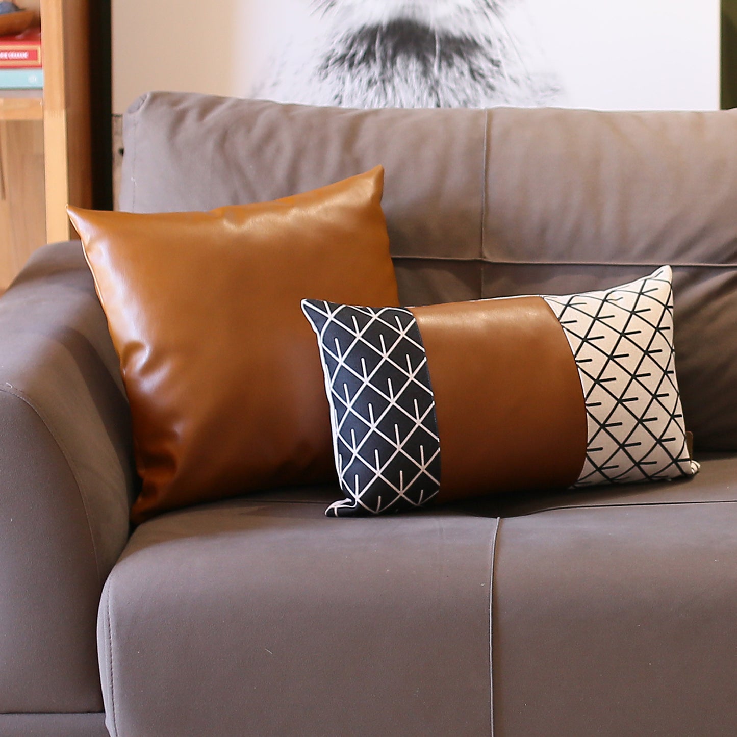 Boho Throw Pillow Brown Mixed Design Set of 2 Vegan Faux Leather Geometric for Couch, Bedding