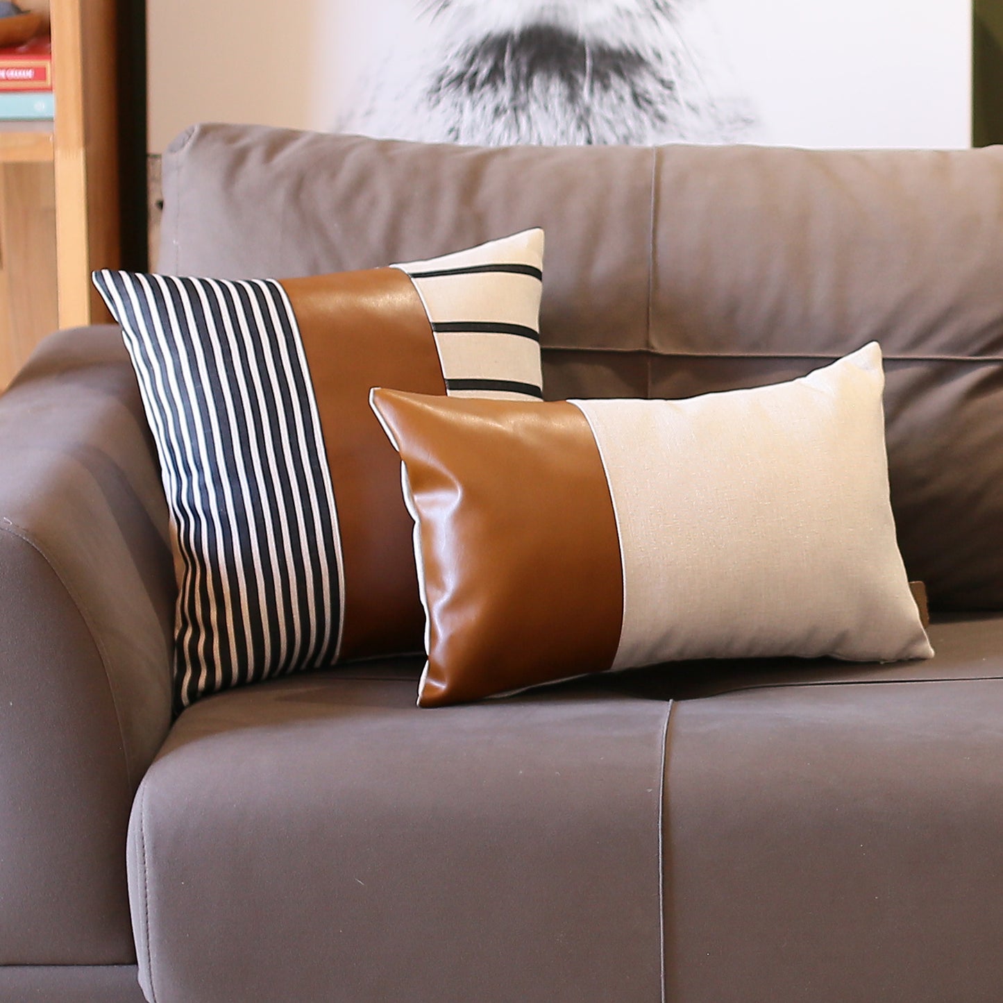 Boho Throw Pillow Brown Mixed Design Set of 2 Vegan Faux Leather Geometric for Couch, Bedding