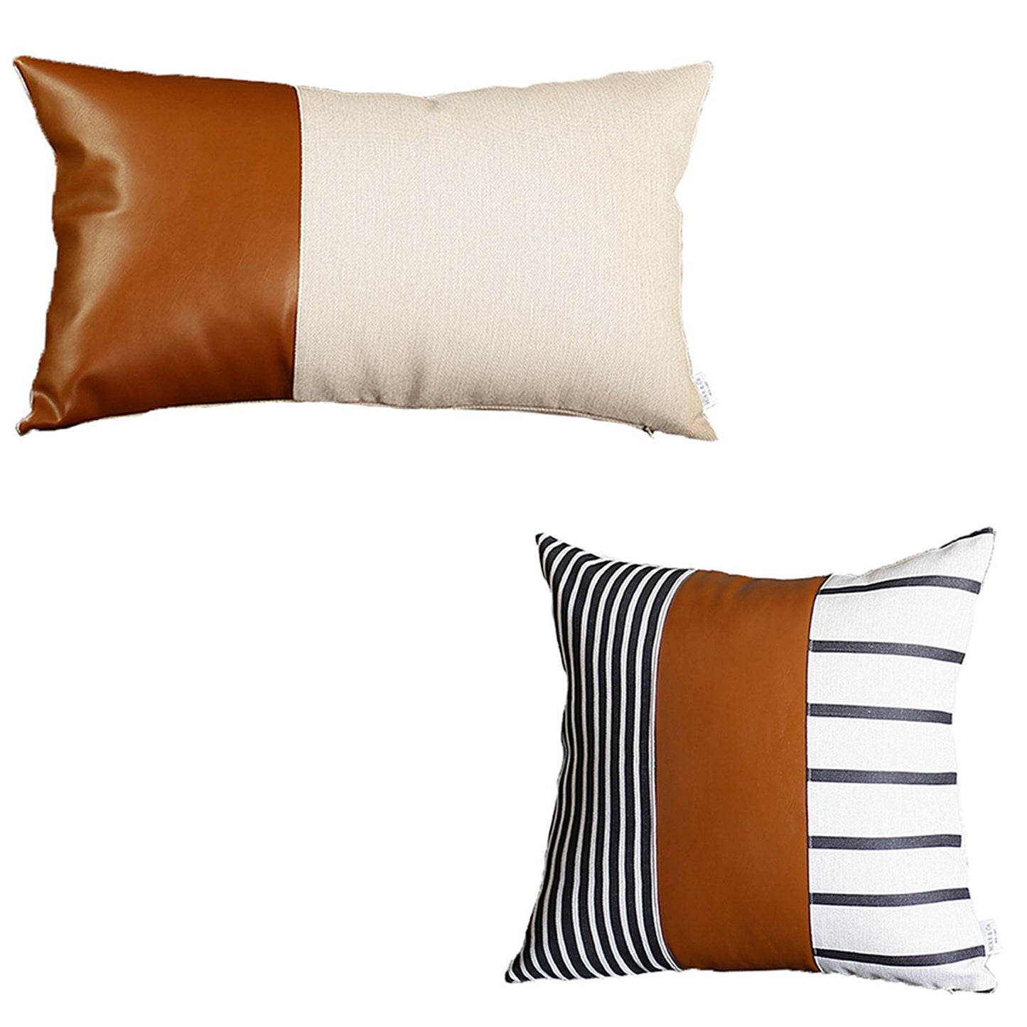 Boho Throw Pillow Brown Mixed Design Set of 2 Vegan Faux Leather Geometric for Couch, Bedding