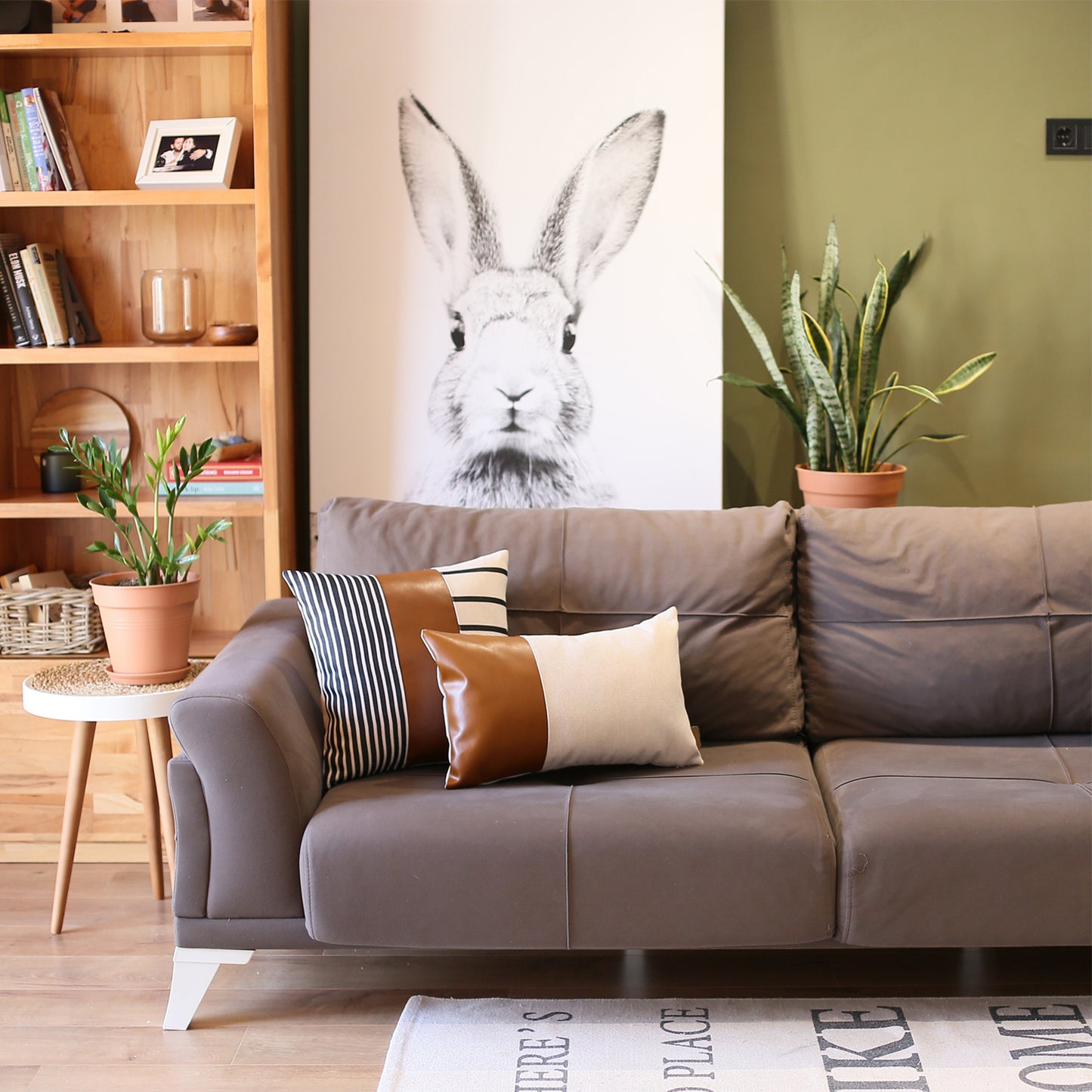 Boho Throw Pillow Brown Mixed Design Set of 2 Vegan Faux Leather Geometric for Couch, Bedding