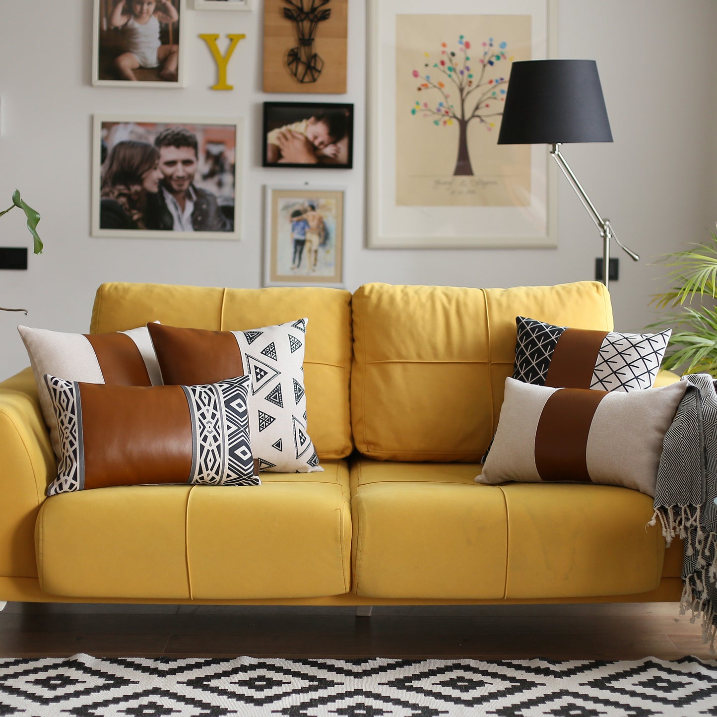 Boho Throw Pillow Brown Mixed Design Set of 2 Vegan Faux Leather Geometric for Couch, Bedding