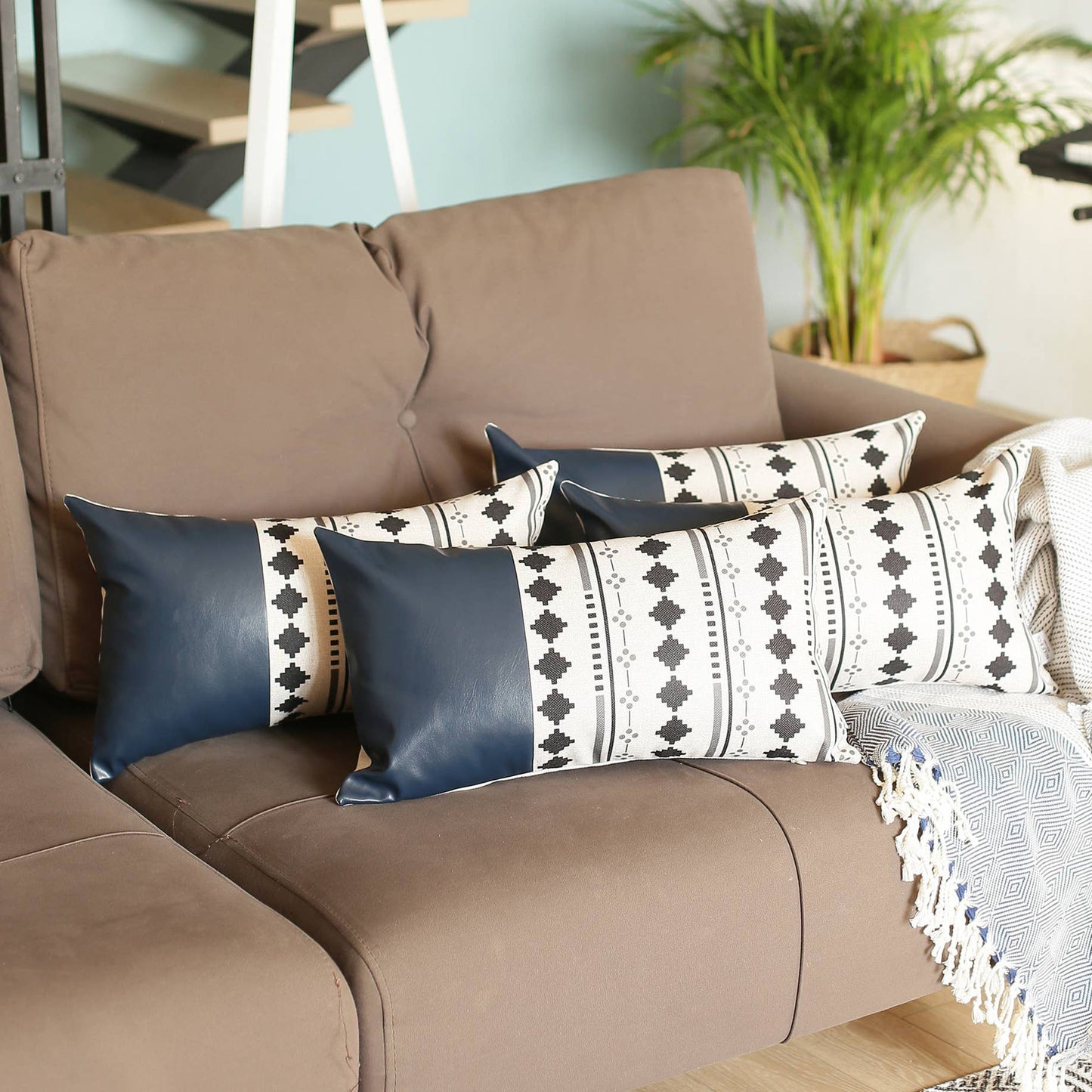 Bohemian Set of 4 Handmade Decorative Throw Pillow Vegan Faux Leather Geometric for Couch, Bedding