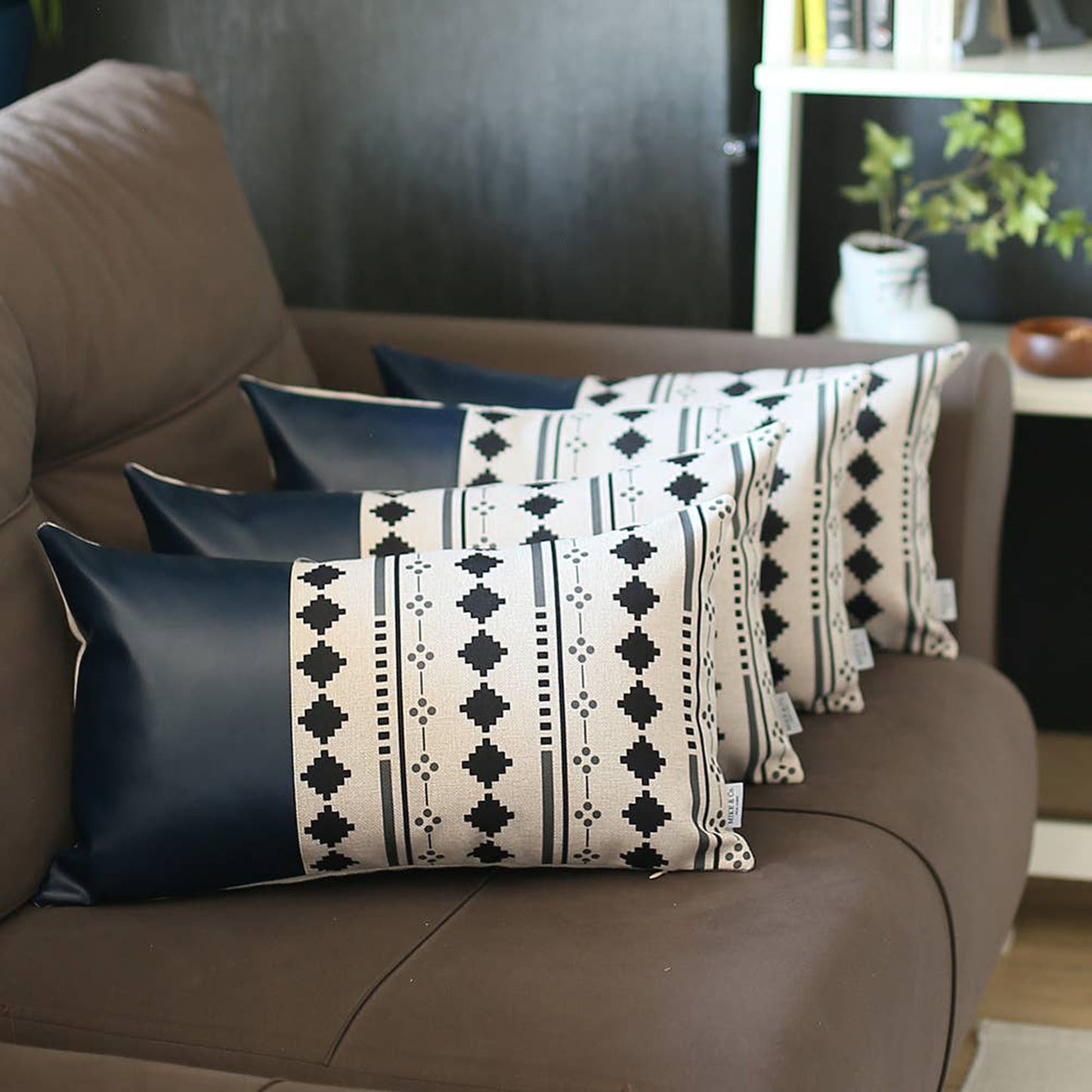 Bohemian Set of 4 Handmade Decorative Throw Pillow Vegan Faux Leather Geometric for Couch, Bedding