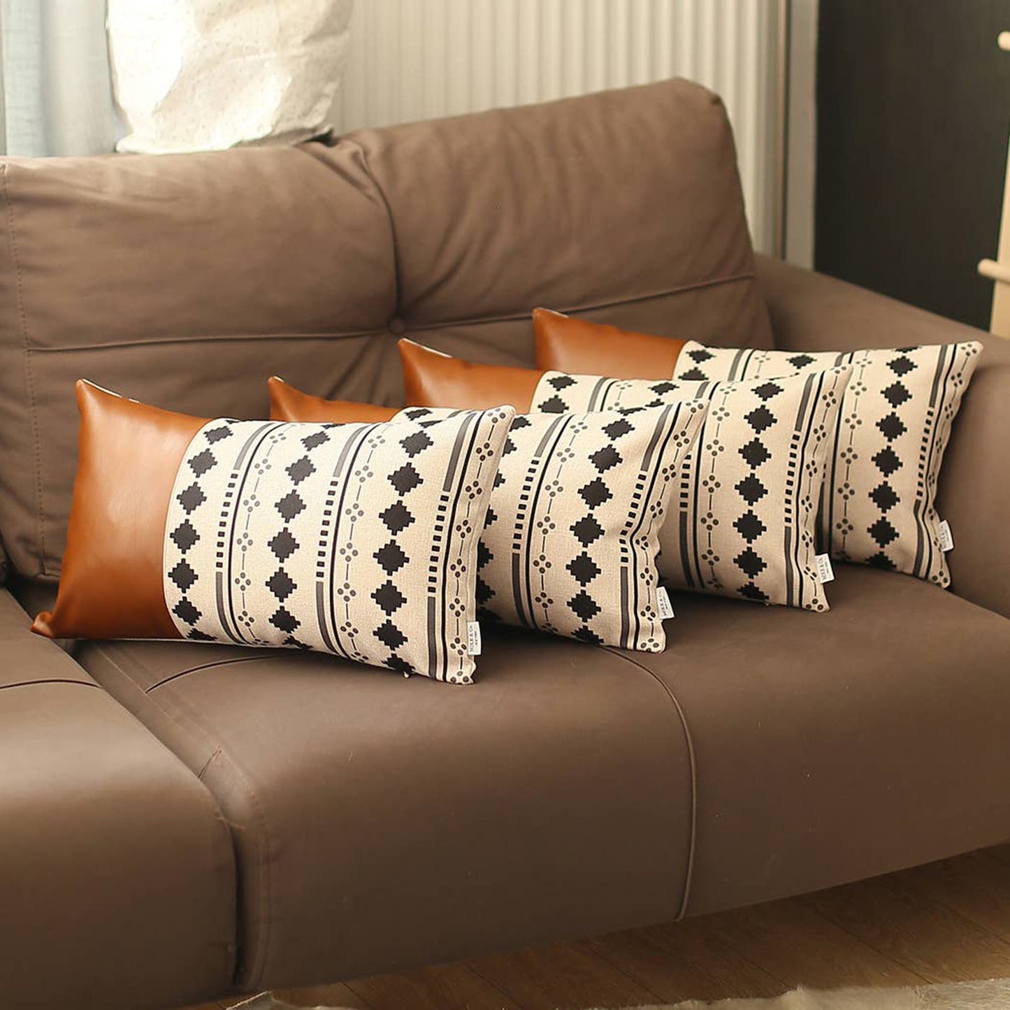 Bohemian Set of 4 Handmade Decorative Throw Pillow Vegan Faux Leather Geometric for Couch, Bedding