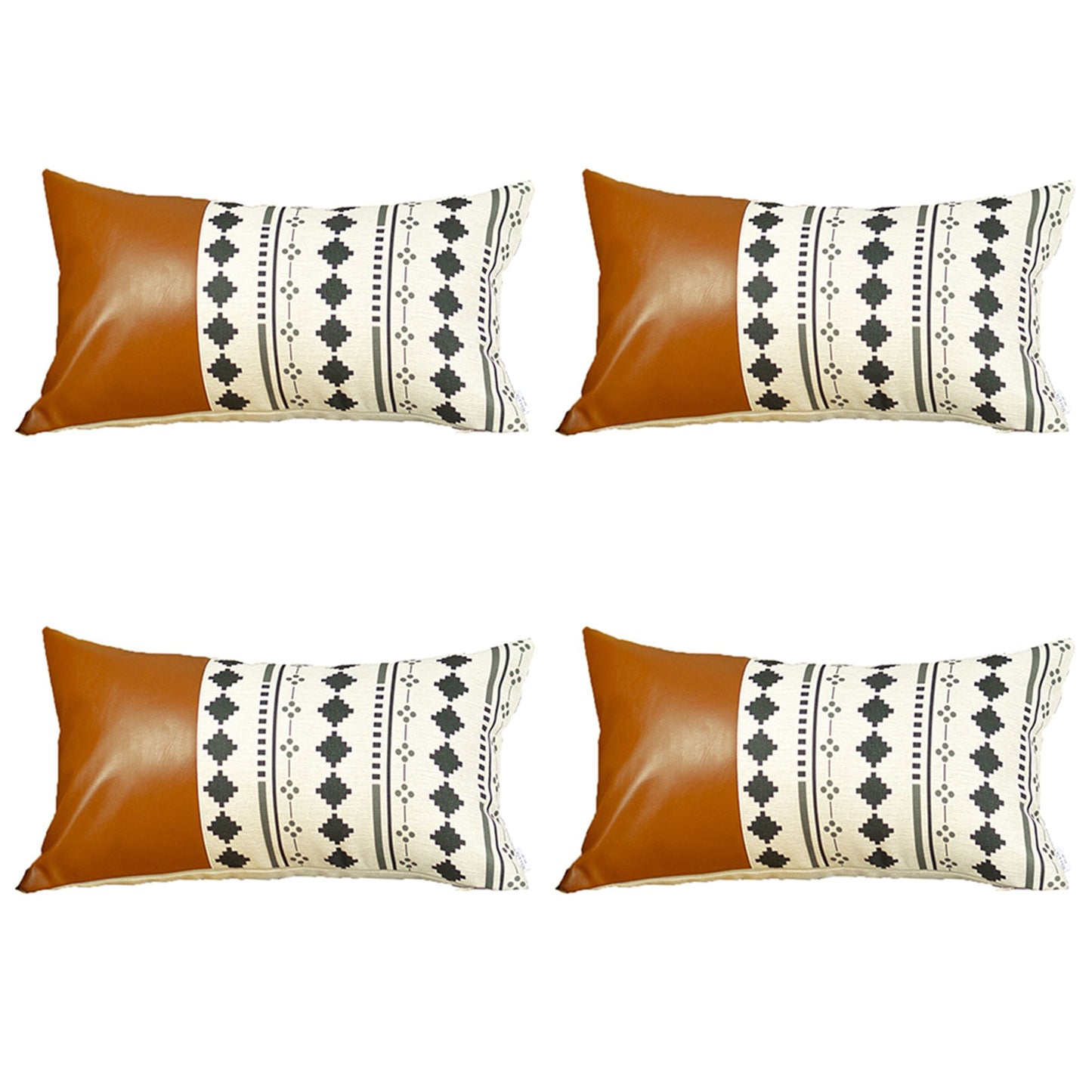 Bohemian Set of 4 Handmade Decorative Throw Pillow Vegan Faux Leather Geometric for Couch, Bedding