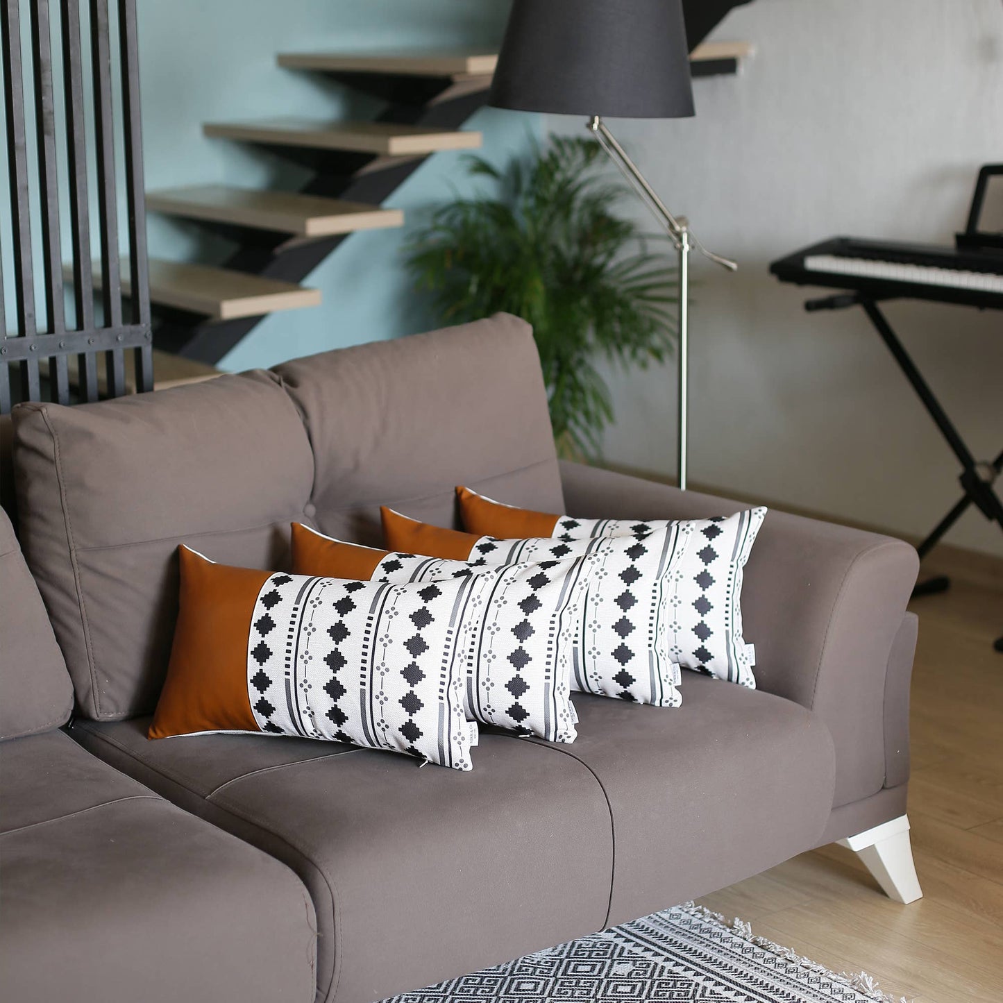 Bohemian Set of 4 Handmade Decorative Throw Pillow Vegan Faux Leather Geometric for Couch, Bedding