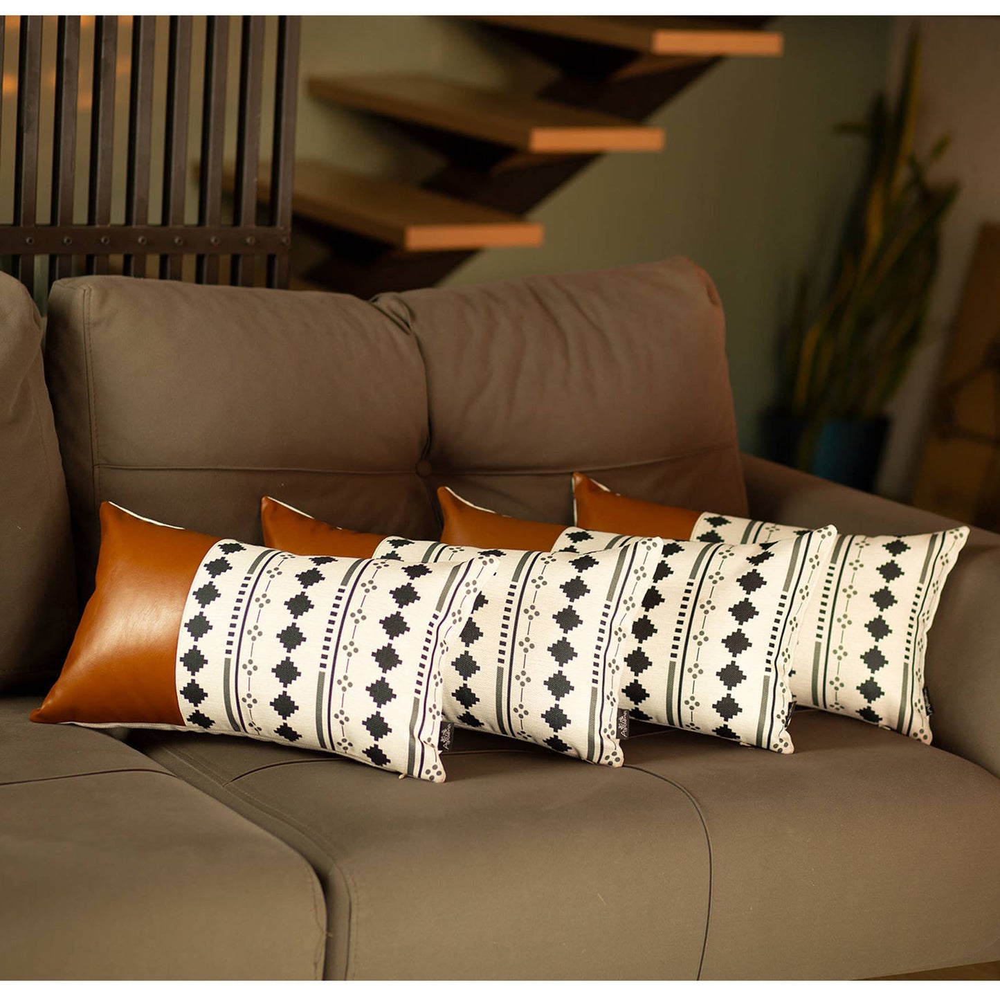 Bohemian Set of 4 Handmade Decorative Throw Pillow Vegan Faux Leather Geometric for Couch, Bedding