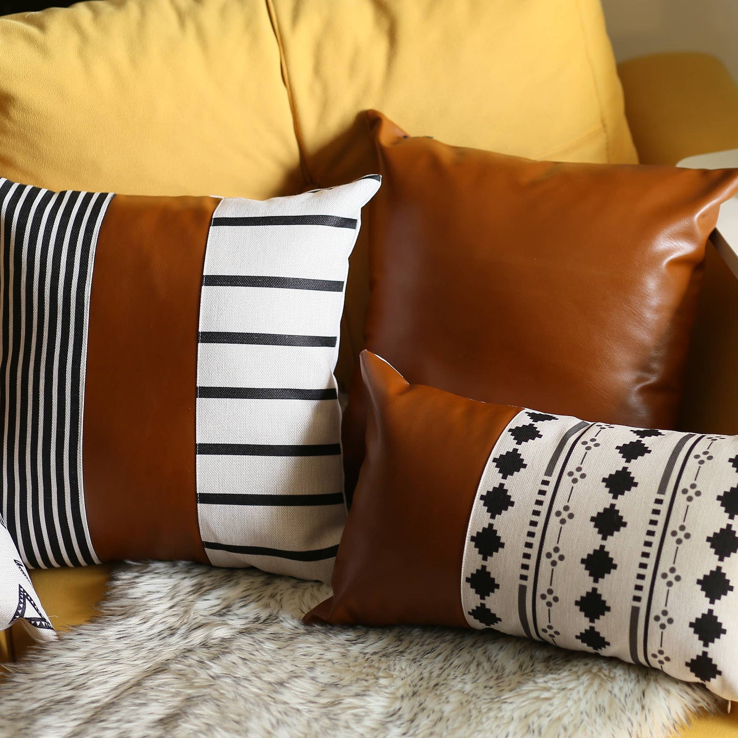Bohemian Set of 4 Handmade Decorative Throw Pillow Vegan Faux Leather Geometric for Couch, Bedding