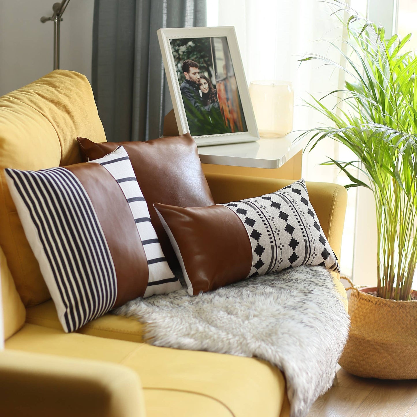 Bohemian Set of 4 Handmade Decorative Throw Pillow Vegan Faux Leather Geometric for Couch, Bedding