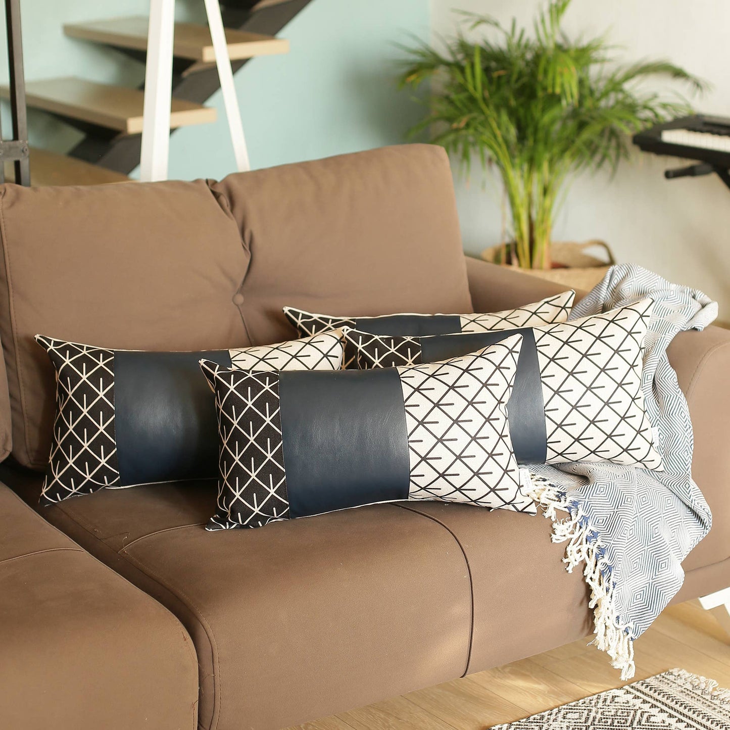 Bohemian Set of 4 Handmade Decorative Throw Pillow Vegan Faux Leather Geometric for Couch, Bedding