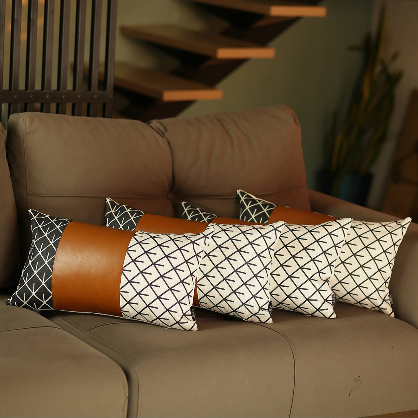 Bohemian Set of 4 Handmade Decorative Throw Pillow Vegan Faux Leather Geometric for Couch, Bedding