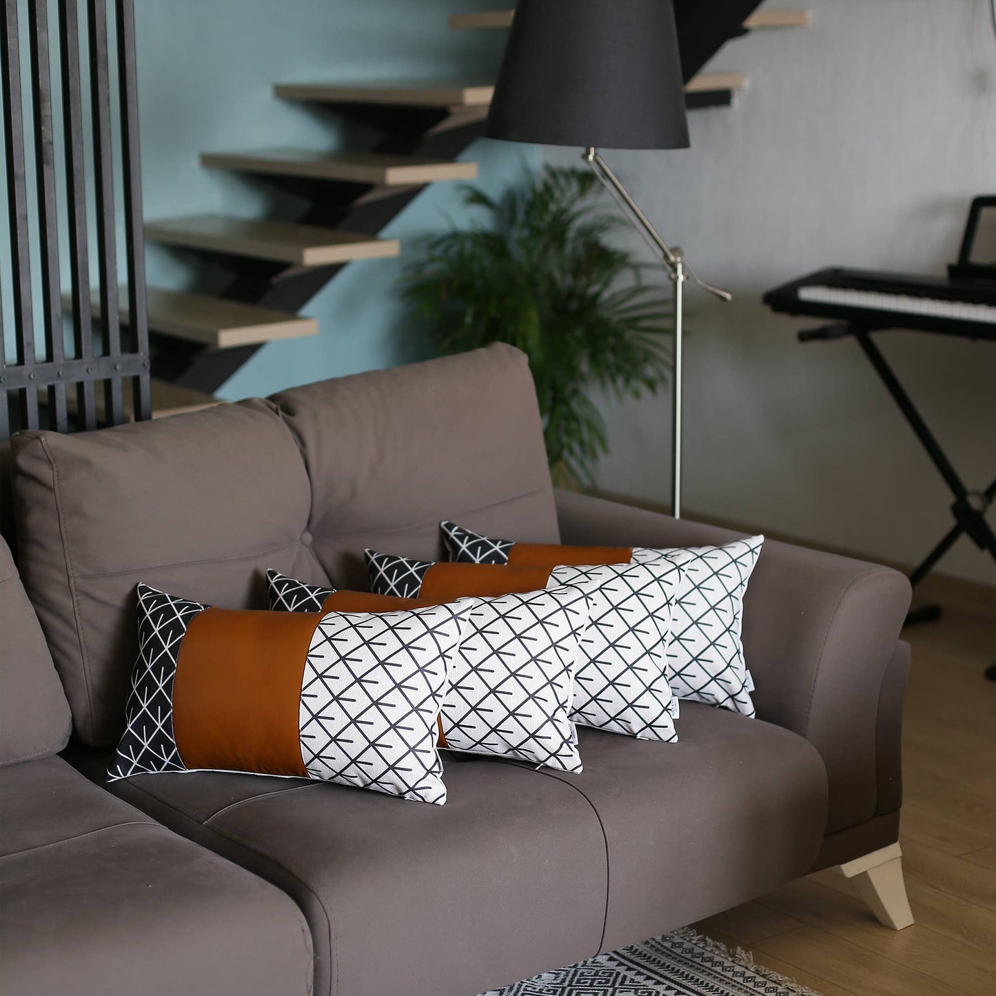 Bohemian Set of 4 Handmade Decorative Throw Pillow Vegan Faux Leather Geometric for Couch, Bedding