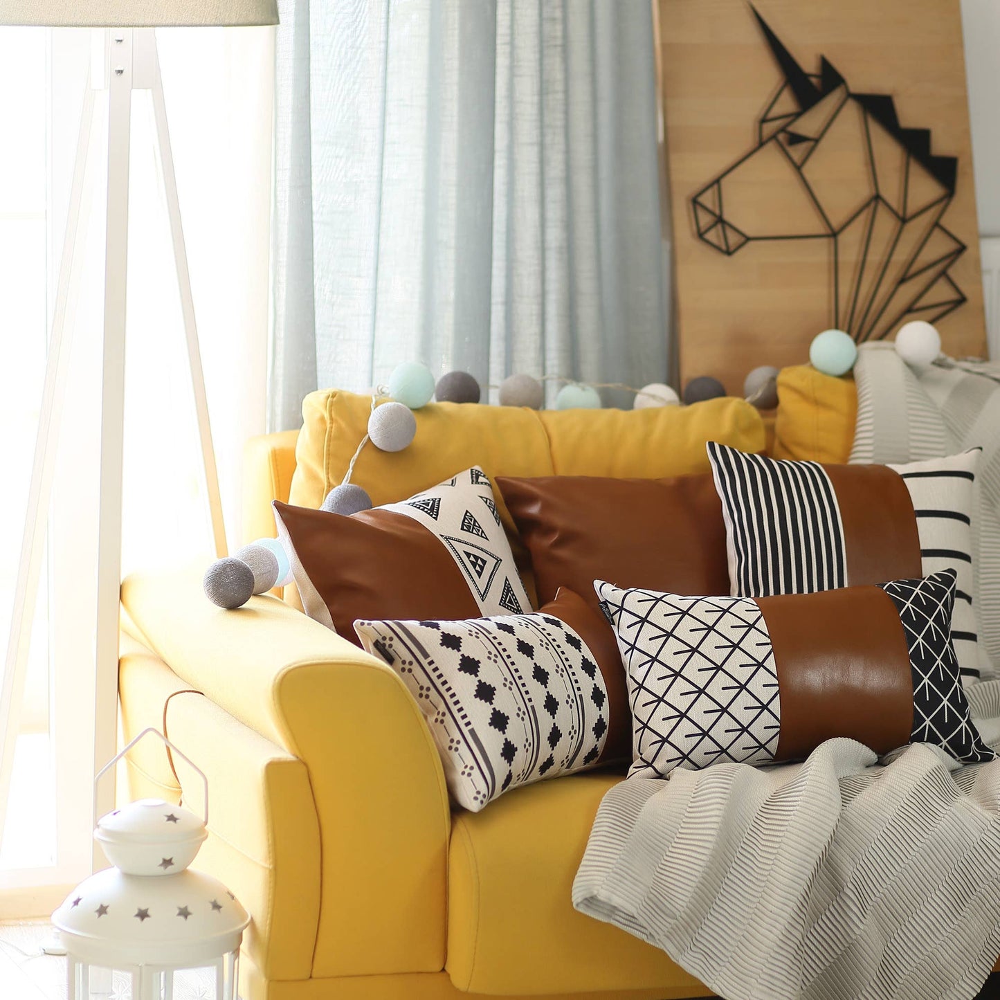 Bohemian Set of 4 Handmade Decorative Throw Pillow Vegan Faux Leather Geometric for Couch, Bedding