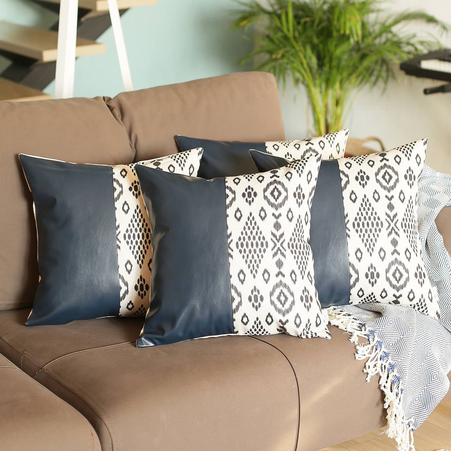 Bohemian Set of 4 Handmade Decorative Throw Pillow Vegan Faux Leather Geometric Square for Couch, Bedding