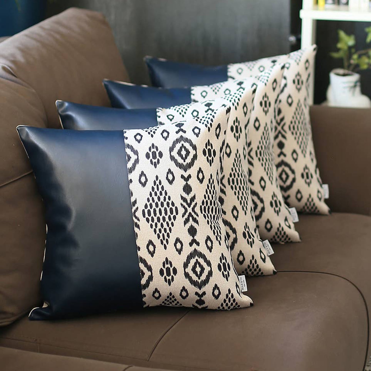 Bohemian Set of 4 Handmade Decorative Throw Pillow Vegan Faux Leather Geometric Square for Couch, Bedding