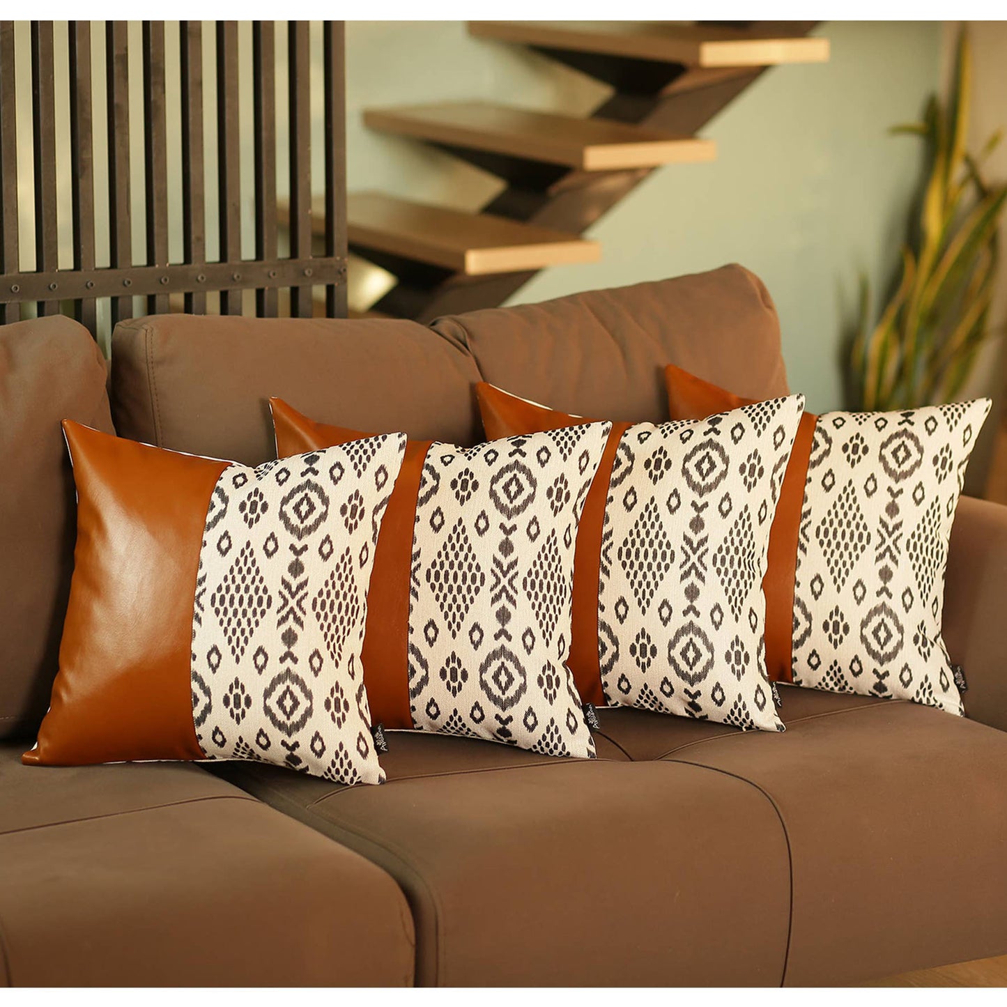 Bohemian Set of 4 Handmade Decorative Throw Pillow Vegan Faux Leather Geometric Square for Couch, Bedding