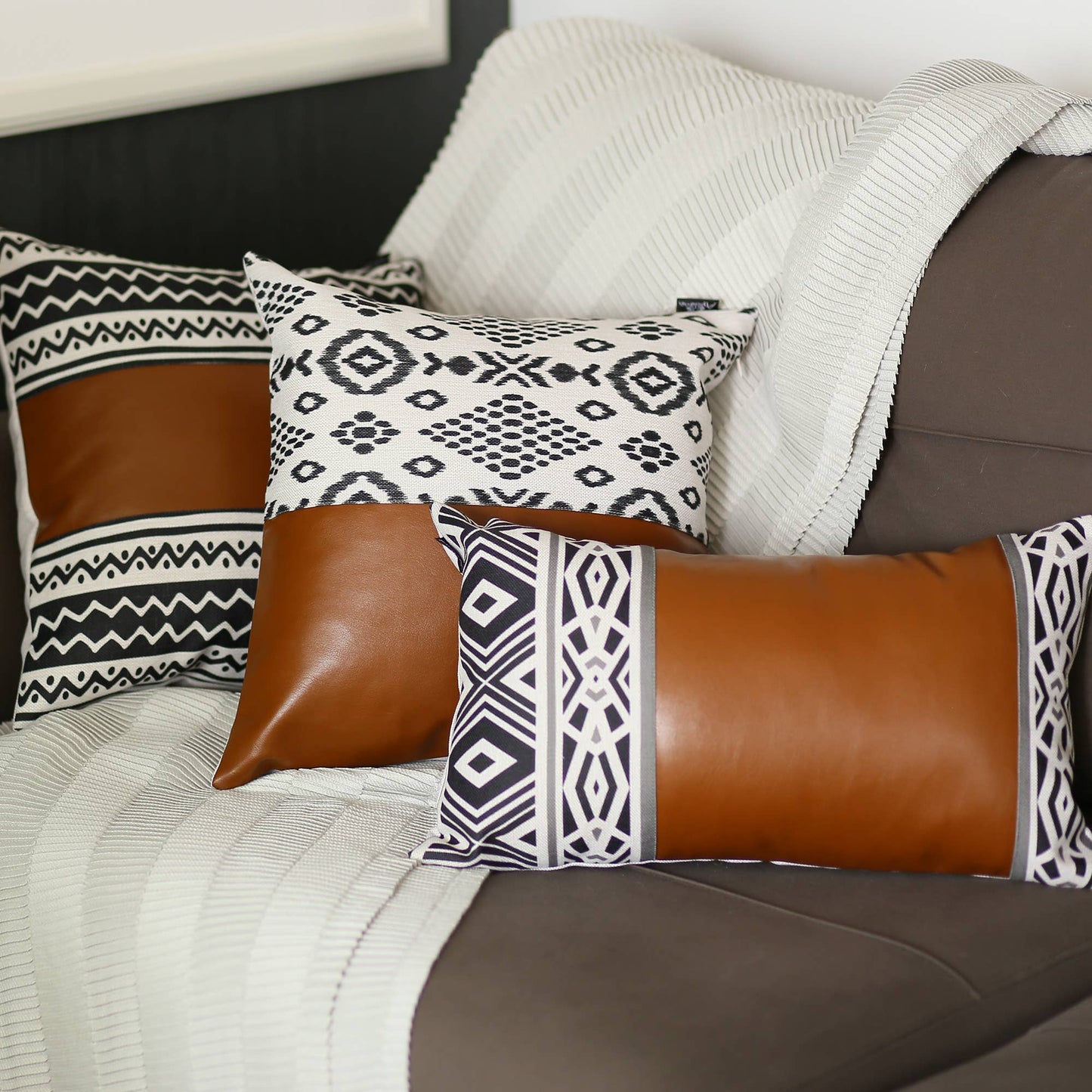Bohemian Set of 4 Handmade Decorative Throw Pillow Vegan Faux Leather Geometric Square for Couch, Bedding