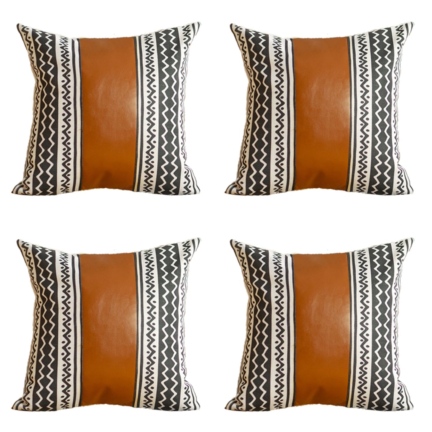 Bohemian Set of 4 Handmade Decorative Throw Pillow Vegan Faux Leather Geometric 17" x 17" Brown & Ivory Square for Couch, Bedding