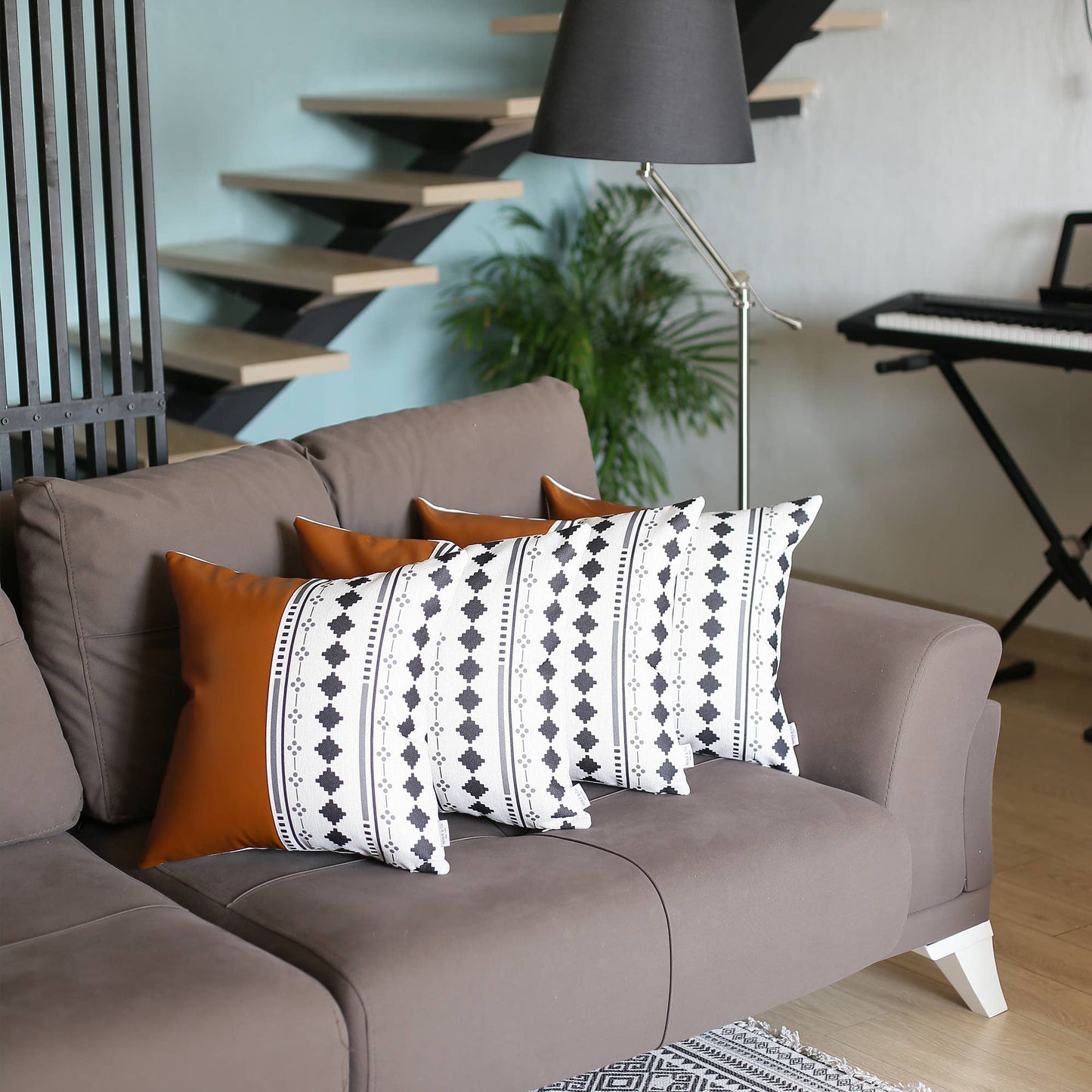 Bohemian Set of 4 Handmade Decorative Throw Pillow Vegan Faux Leather Geometric for Couch, Bedding