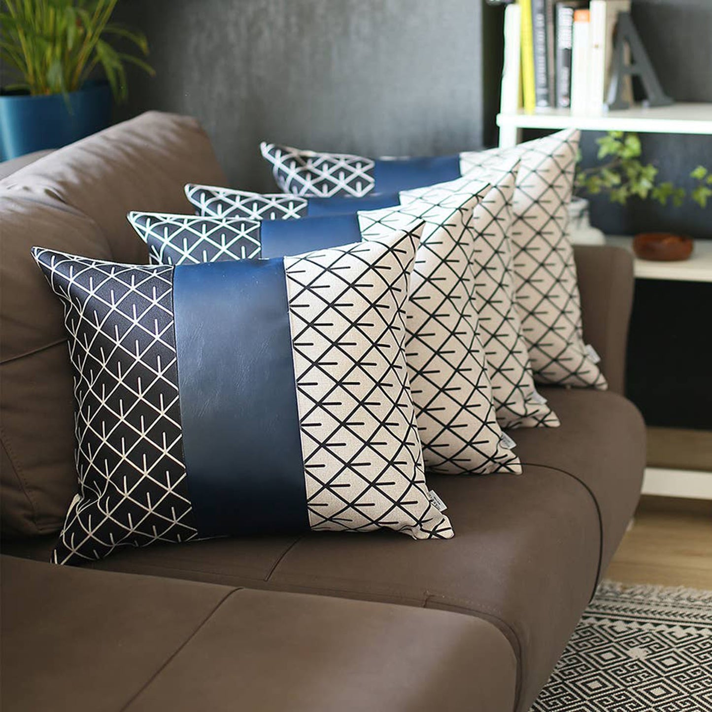 Bohemian Set of 4 Handmade Decorative Throw Pillow Vegan Faux Leather Geometric for Couch, Bedding