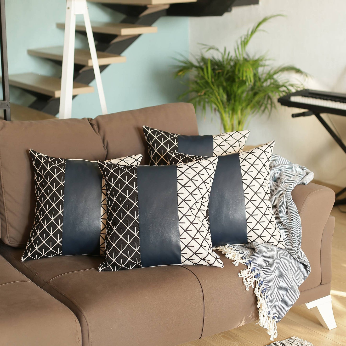 Bohemian Set of 4 Handmade Decorative Throw Pillow Vegan Faux Leather Geometric for Couch, Bedding