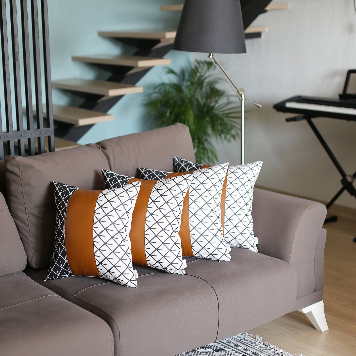 Bohemian Set of 4 Handmade Decorative Throw Pillow Vegan Faux Leather Geometric for Couch, Bedding